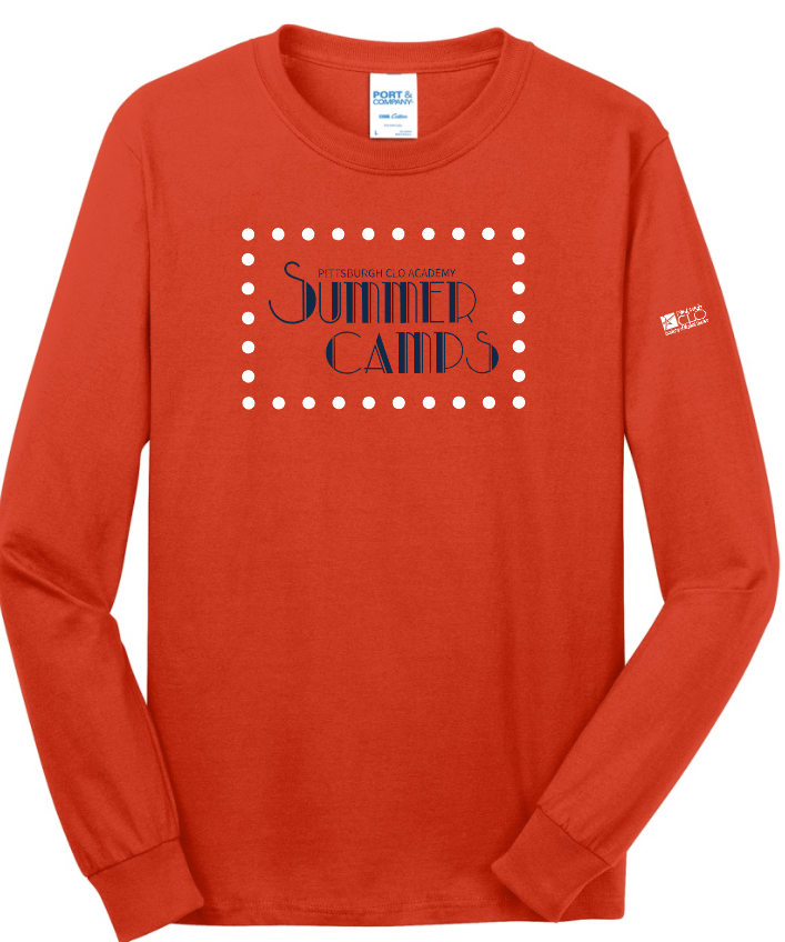 CLO ACADEMY SUMMER CAMP 2024 CORE COTTON BLEND YOUTH & ADULT LONG SLEEVE TEE WITH FULL FRONT / BACK & ARM DESIGN